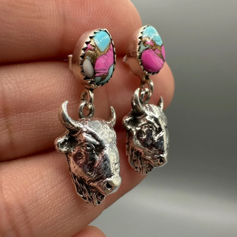 Cotton Candy Turquoise Sterling Silver 925 Bull Cow Dangle Earrings Handmade - Picture 5 of 6